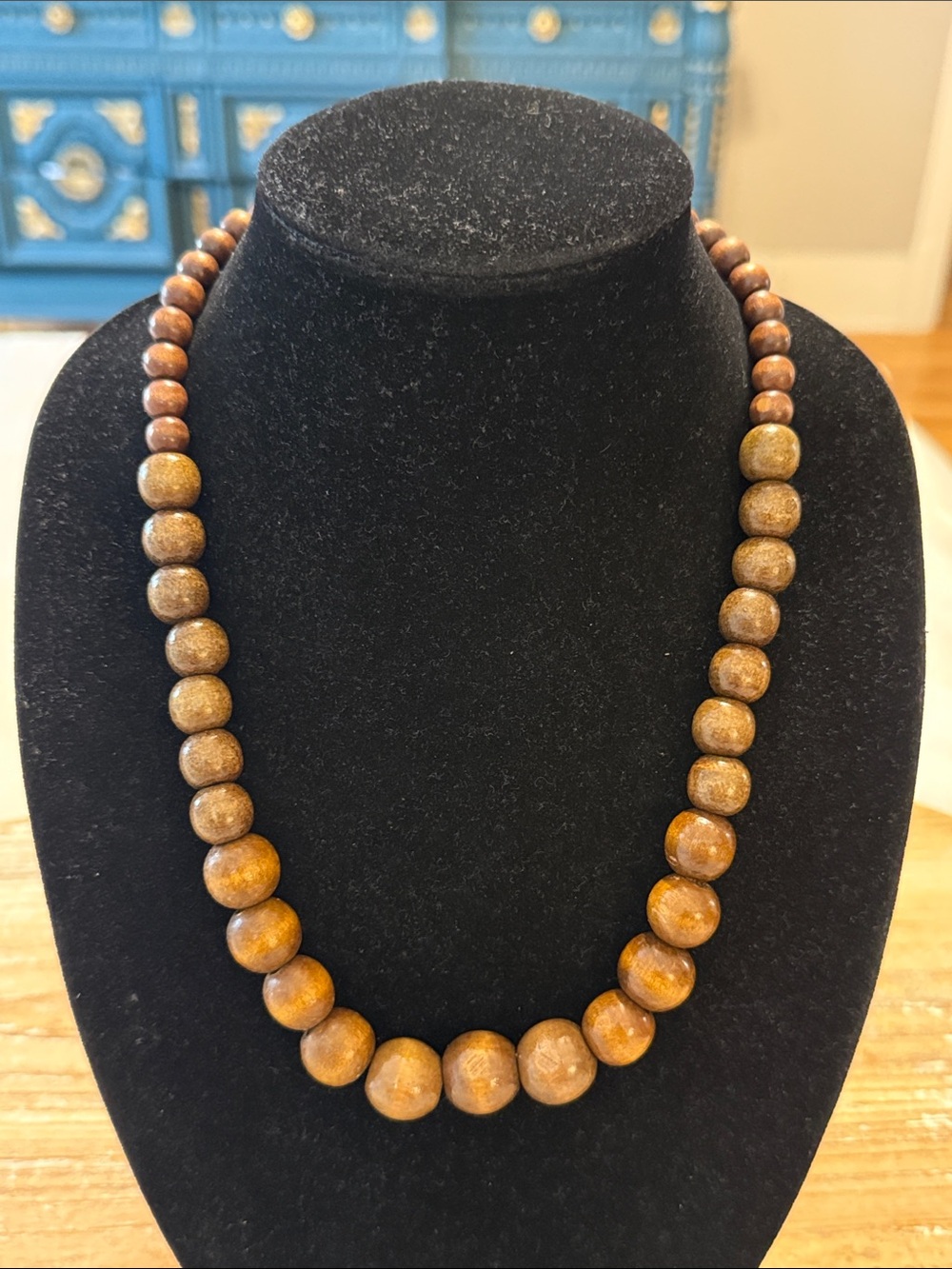Vintage Boho Brown Wooden Beaded Long Statement Necklace